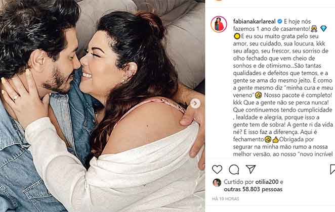 Fabiana Karla se declara ao marido em dia que comemora um ano de casada