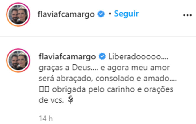 Flávia Camargo celebra o fim do isolamento do marido
