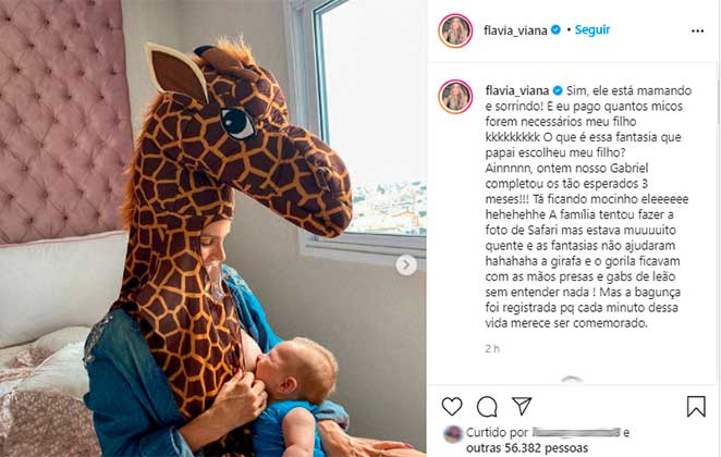 Flávia Viana posou amamentando o filho vestida de girafa
