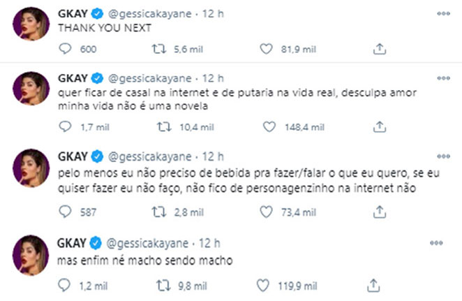 A humorista mandou diversas indiretas para o seu então affair Rezende