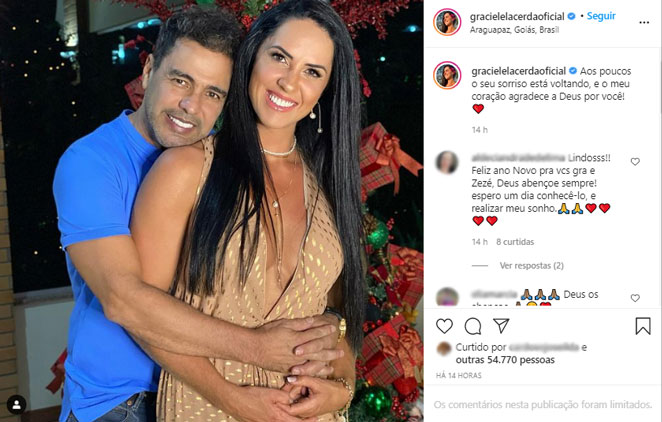 Graciele Lacerda aparece coladinha com Zezé Di Camargo e celebra a felicidade do cantor