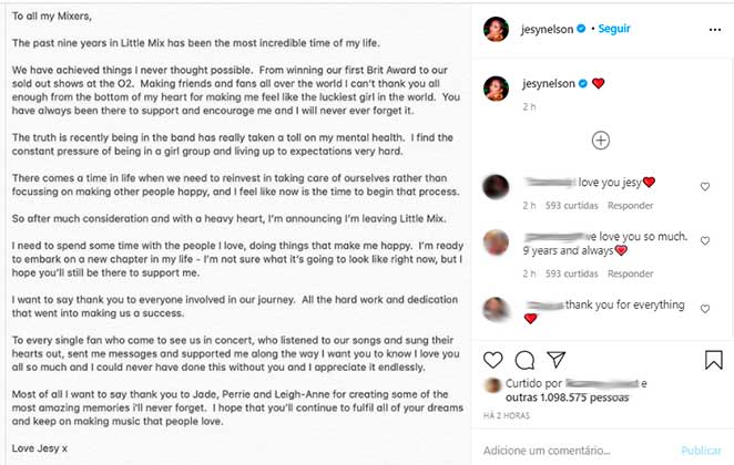 Jesy Nelson explicando porque saiu do Little Mix