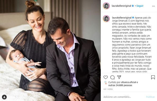 Laura Keller anuncia separação entre ela e Jorge Sousa