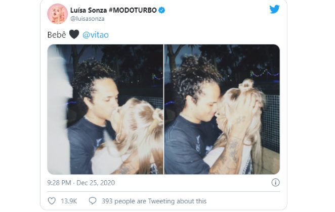Luísa Sonza e Vitão trocaram beijos e carinhos apaixonados no Natal