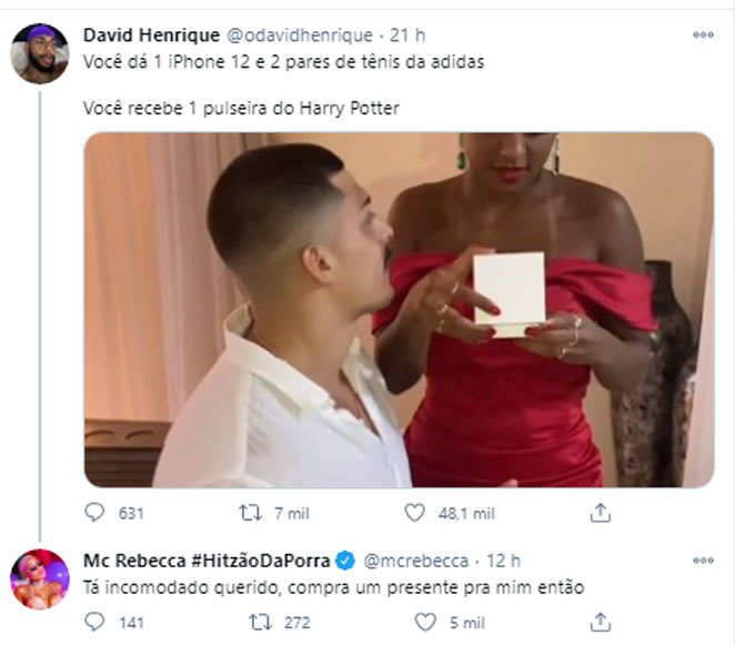 MC Rebecca responde seguidor que ironizou sua reação ao receber presente de namorado