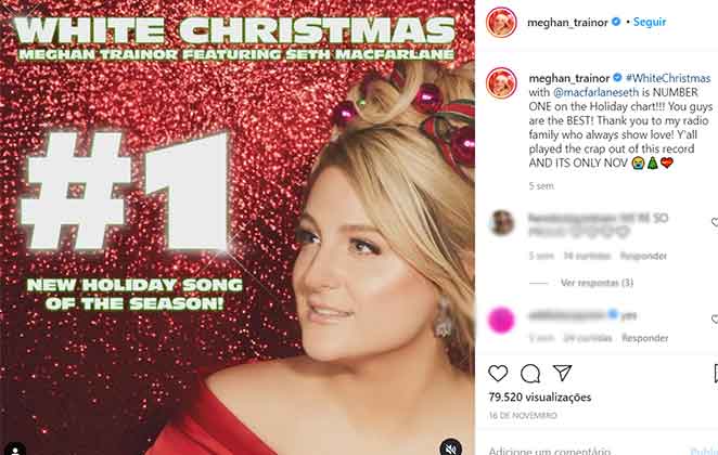 Música de Natal de Meghan Trainor, White Christmas, postada no Instagram