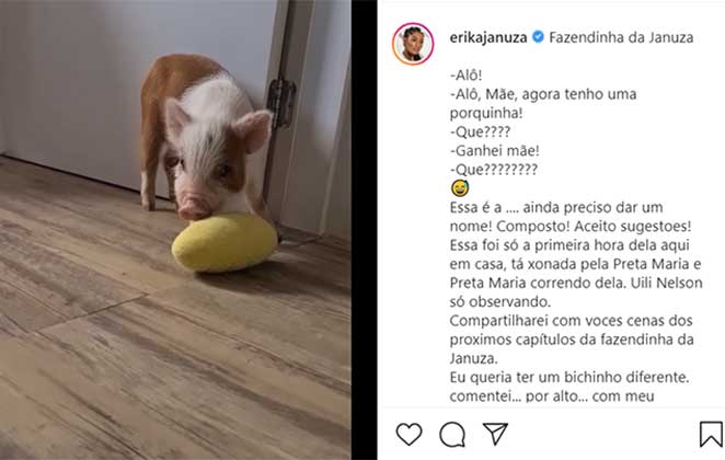Erika Januza mostra a porquinha que ganhou de presente