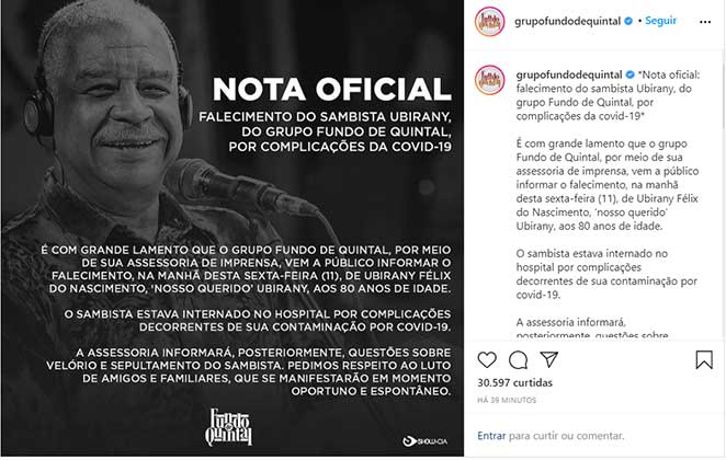 Grupo Fundo de Quintal anuncia a morte de Ubirany