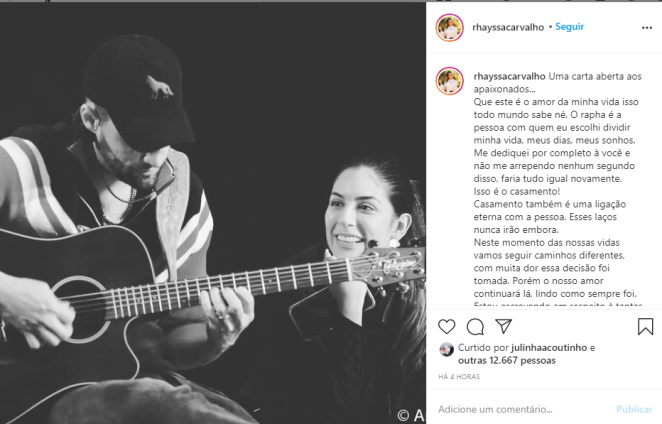 Post de Rhayssa nas redes sociais