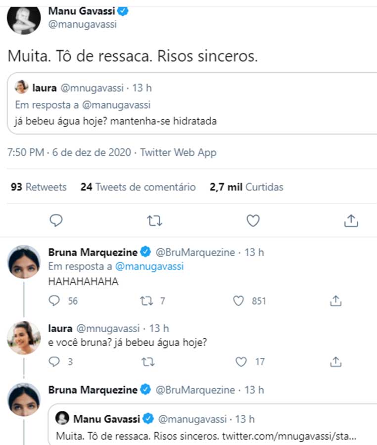 Manu Gavassi e Bruna Marquezine revelaram aos fãs que estavam de ressaca