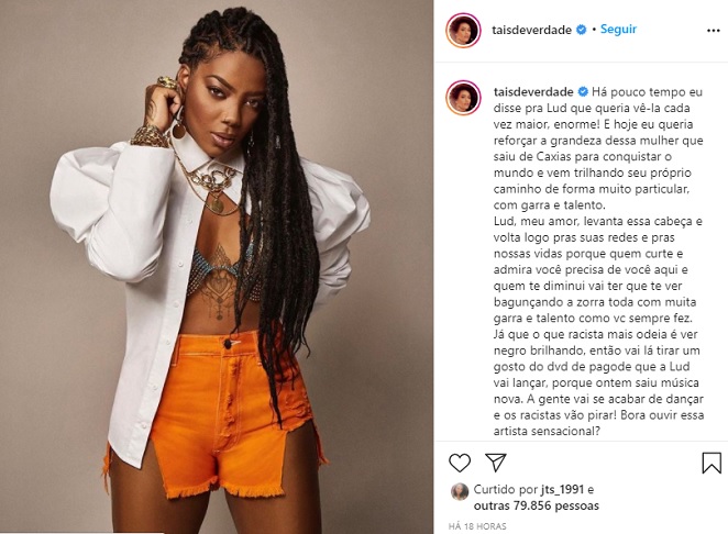 Taís Araujo demonstrou apoio para Ludmilla nas redes sociais