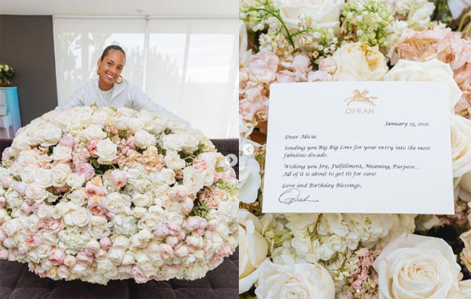 Alicia Keys recebe enorme buquê de flores de Oprah