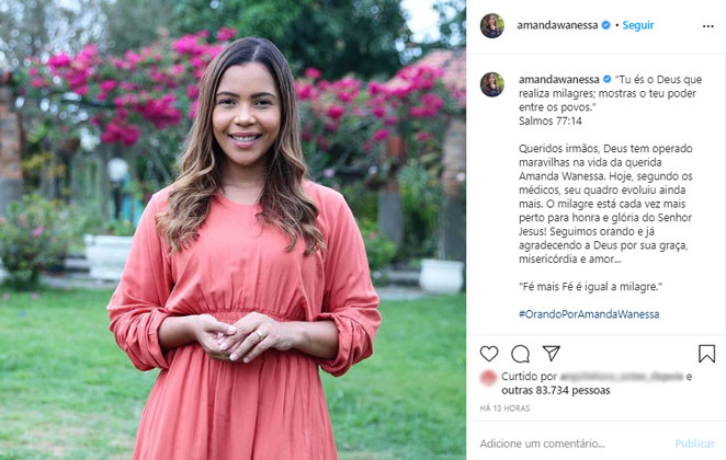 Amanda Wanessa apresenta evolução expressiva em seu quadro clínico