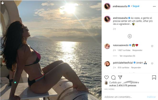 Andressa Suita posou tomando sol e fez reflexão na web