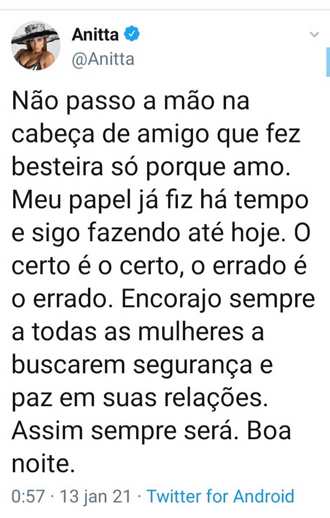 Anitta faz postagem sobre confusão entre Nego do Borel e Duda Reis