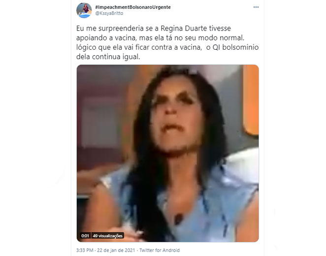 Internauta critica Regina Duarte por seu posicionamento a respeito das vacinas contra a Covid-19