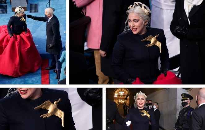 A cantora usou vestido vermelho e preto com detalhes simbólicos representando a união e a esperança