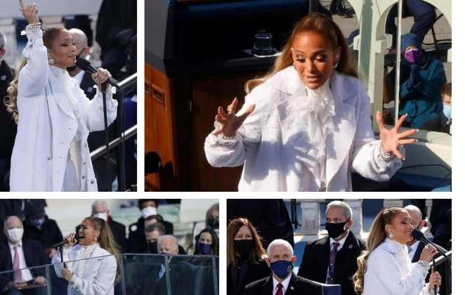 J.lo vestiu uma capa Chanel até o chão, blusa de chiffon com babados e calças largas com lantejoulas.