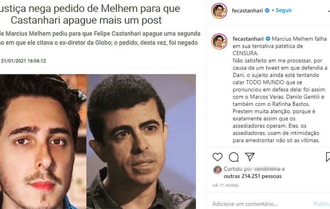 Felipe Castanhari se manifesta no Instagram