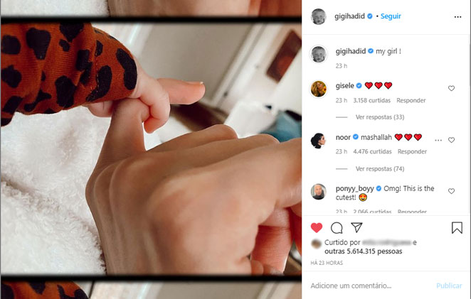 Gigi Hadidi compartilha momento de fofura com a filha de três meses