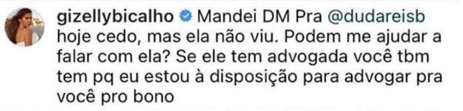 Gizelly Bicalho se oferece para defender Duda Reis