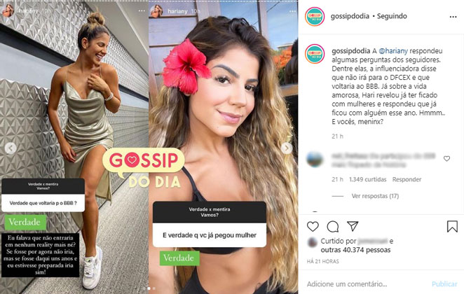 A modelo também afirmou ter ficado com mulher e não descarta voltar ao BBB