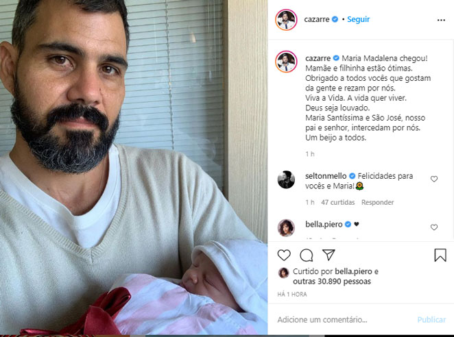 Juliano Cazarré anuncia o nascimento de sua filha, Maria Madalena