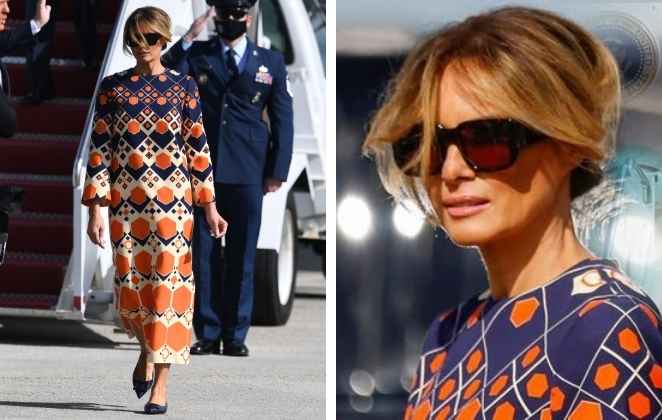Melania Trump desembarcou na Florida usando um vestido Gucci estampado de U$ 3.700 (R$ 12 mil)