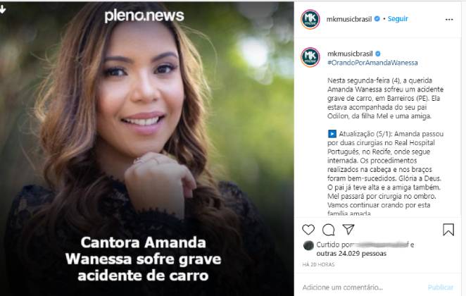 Gravadora revelou que cantora gospel Amanda Wanessa sofreu um acidente