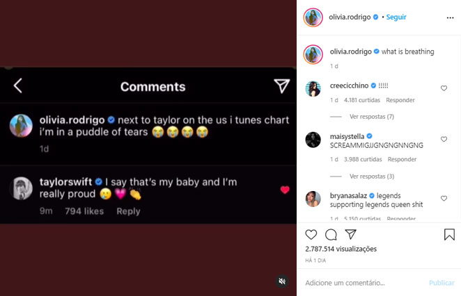 Olivia Rodrigo fica emocionada com resposta de Taylor Swift