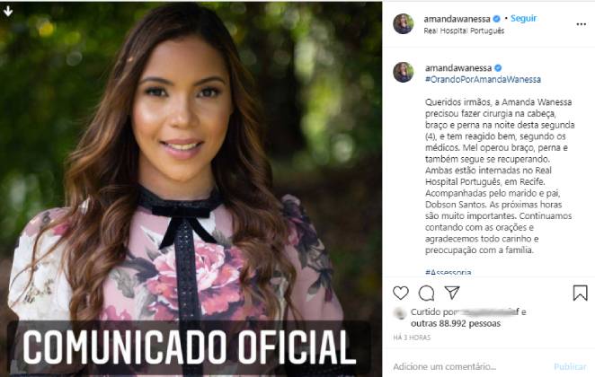 Perfil de Amanda Wanessa pediu orações pela cantora após acidente