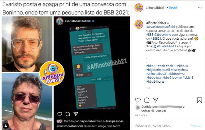 Perfil resgatou publicação apagada por Evaristo do Instagram com nomes para o BBB21