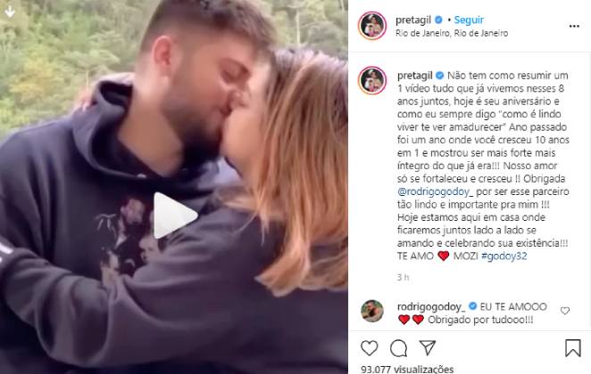 Preta Gil homenageou Rodrigo Godoy pelo aniversário dele com vídeo de momentos da relação