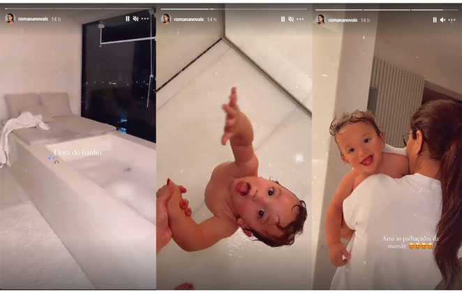 Romana Novais mostra banheira luxuosa e momento de banho com o filho