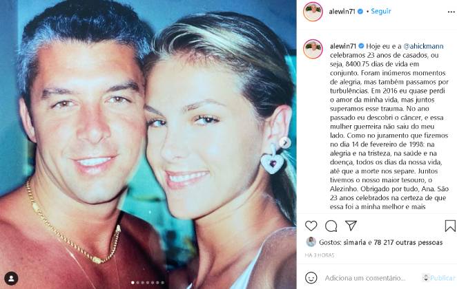 Alexandre se declara para Ana Hickmann em aniversário de 23 anos de casamento