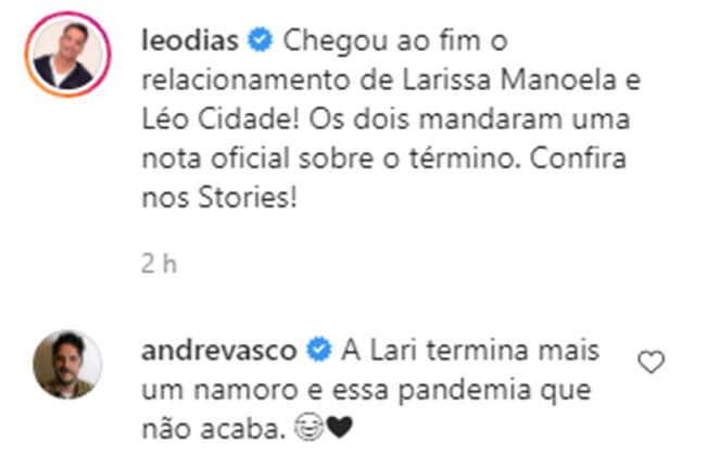 André Vasco palpita sobre separação de Larissa Manoela e Léo Cidade 