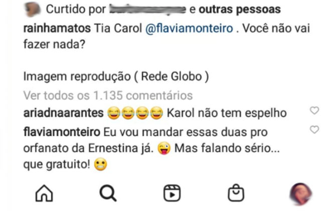 Flavia Monteiro não gostou dos comentários sobre Carla Diaz 