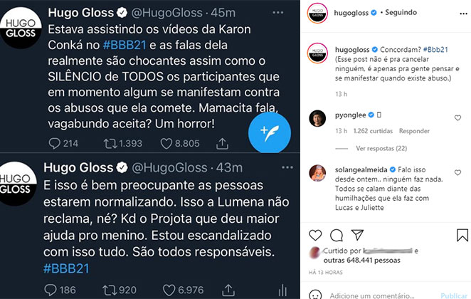 Solange Almeida comentou no post do blogueiro Hugo Gloss sobre Karol Conká