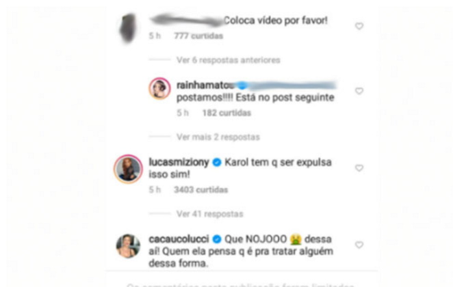 Comentário da ex-BBB nas redes sociais