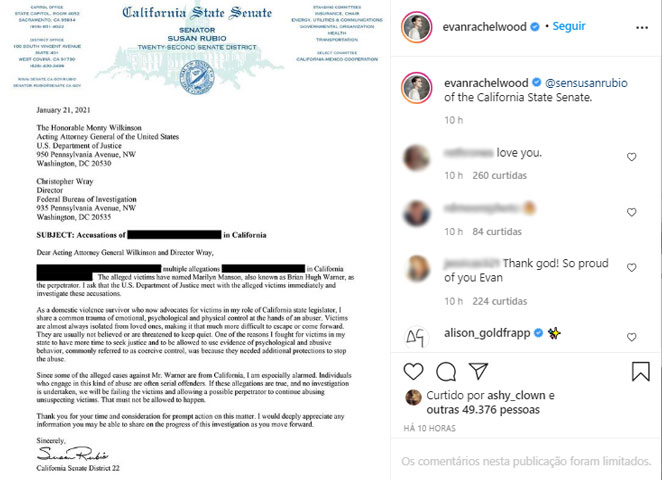 Senadora norte-americana apoia Evan Rachel Wood em documento oficial pedindo investigação contra Marilyn Manson