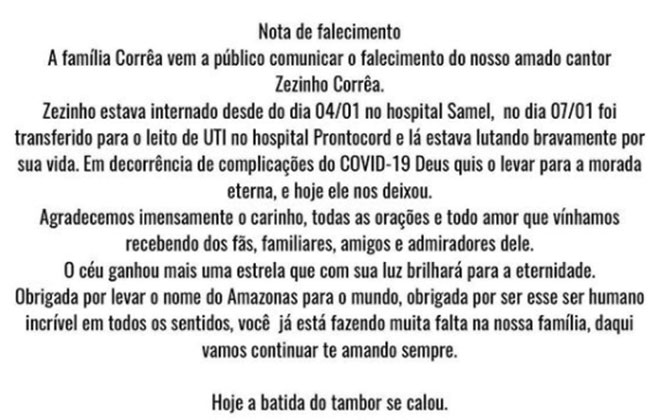 Família postou uma nota de pesar no perfil do artista no Instagram