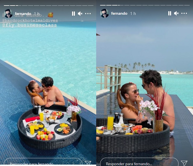 Fernando Zor e Maiara curtem café da manhã luxuoso nas Ilhas Maldivas