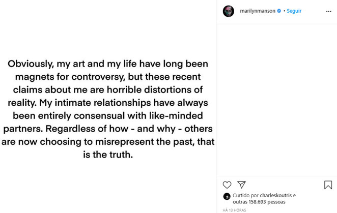 Marilyn Manson se defende de acusações sobre comportamento abusivo em relação com Evan Rachel Wood