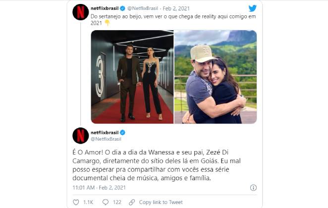 Netflix anunciando série documental É o Amor, estrelada por Wanessa e Zezé Di Camargo