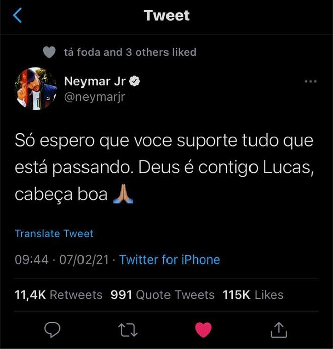 Neymar sobre a saída de Lucas do BBB21