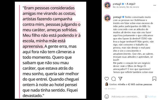 Preta Gil pede o fim das ameaças a Nego Di após participação no BBB21
