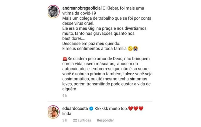 Eduardo Costa elogia Andréa Nóbrega em post da empresária sobre morte de ator de A Praça É Nossa