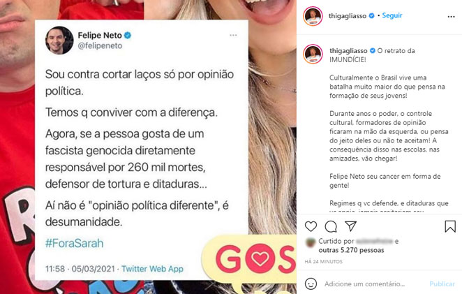 Thiago Gagliasso detona Felipe Neto após youtuber criticar Sarah, do BBB21