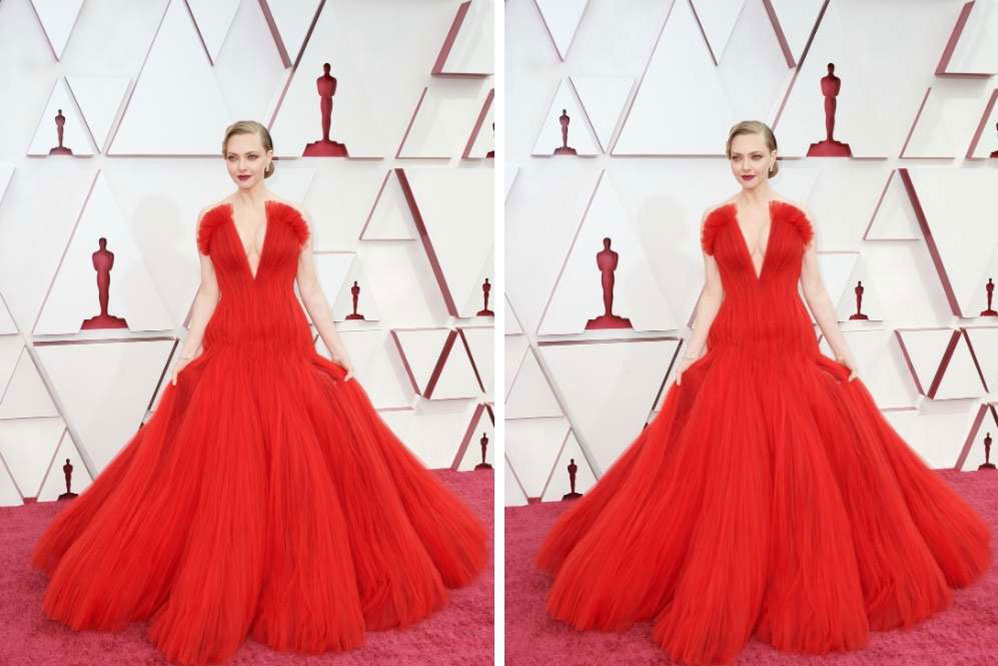 Amanda Seyfried arrasou em um look vermelho para o Oscar 2021