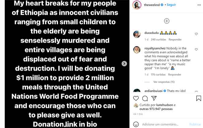 Post de The Weknd anunciando doação